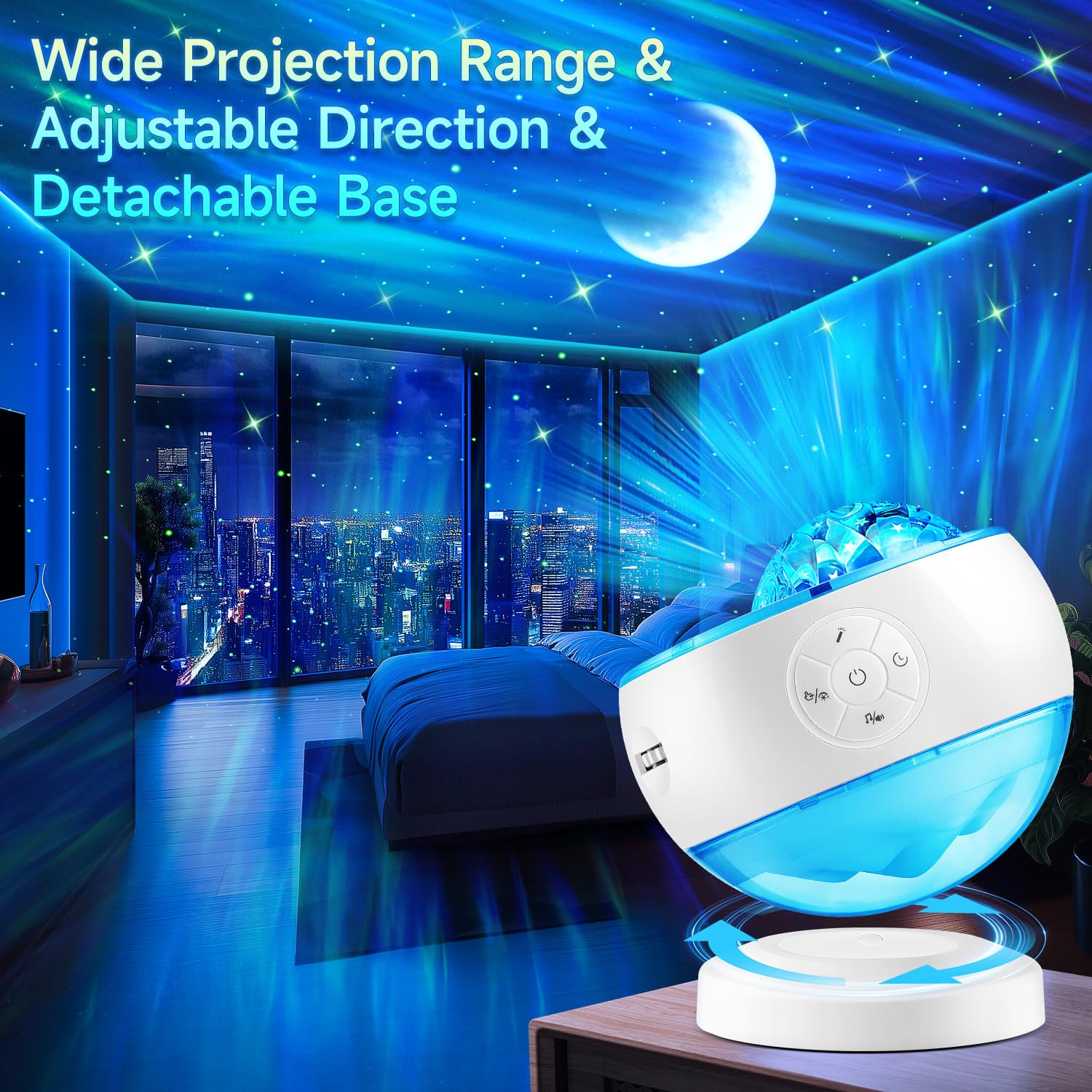 Aurora night light projector creating wide room and ceiling projection