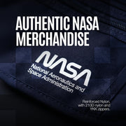 Close-up of NASA insignia on authentic NASA merchandise waist bag