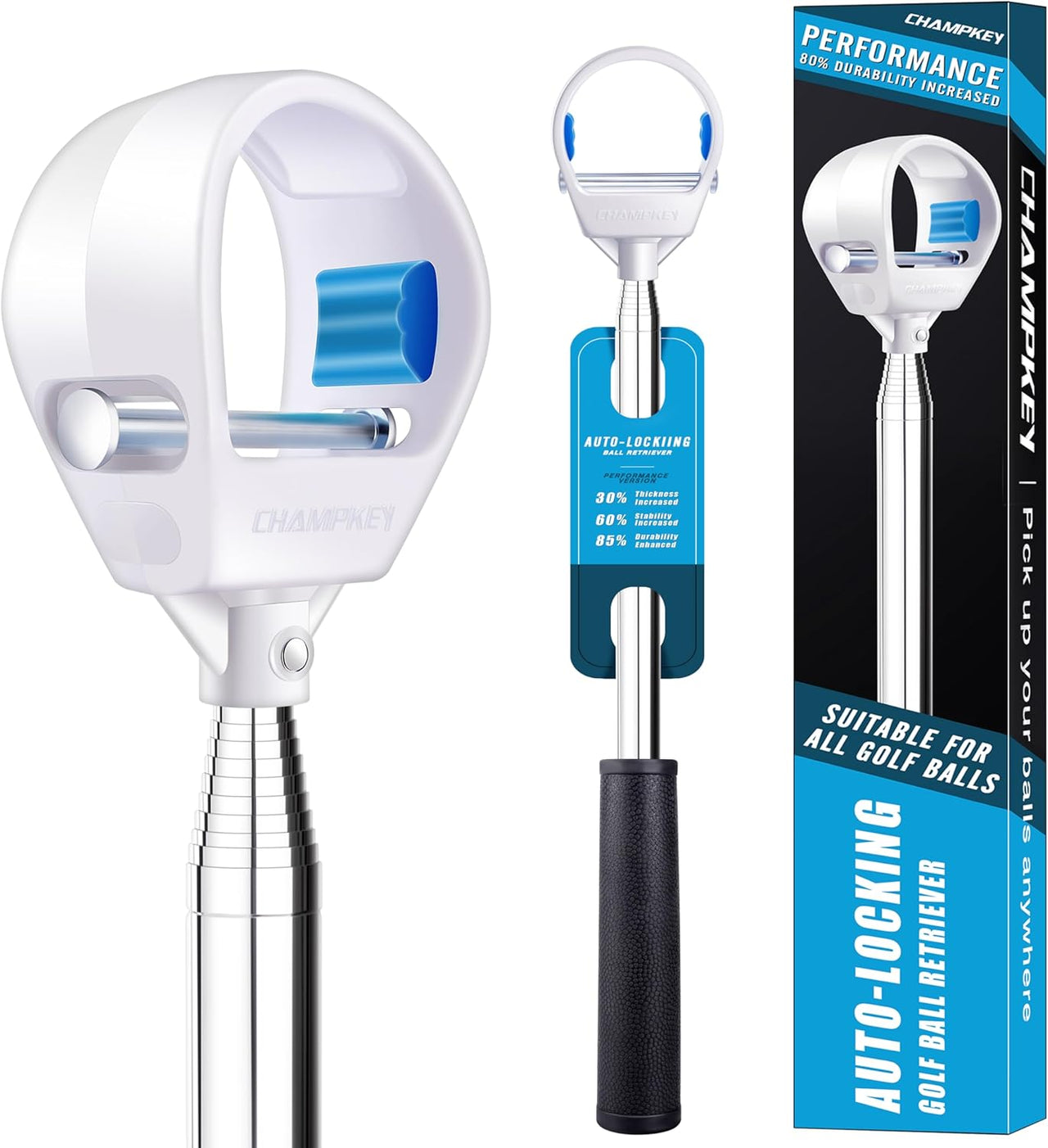 Auto-locking golf ball retriever with telescopic shaft and grip