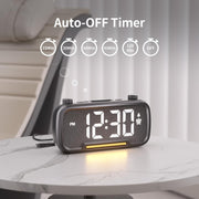 Alarm clock with timer settings ranging from 15 to 120 minutes and glowing night light