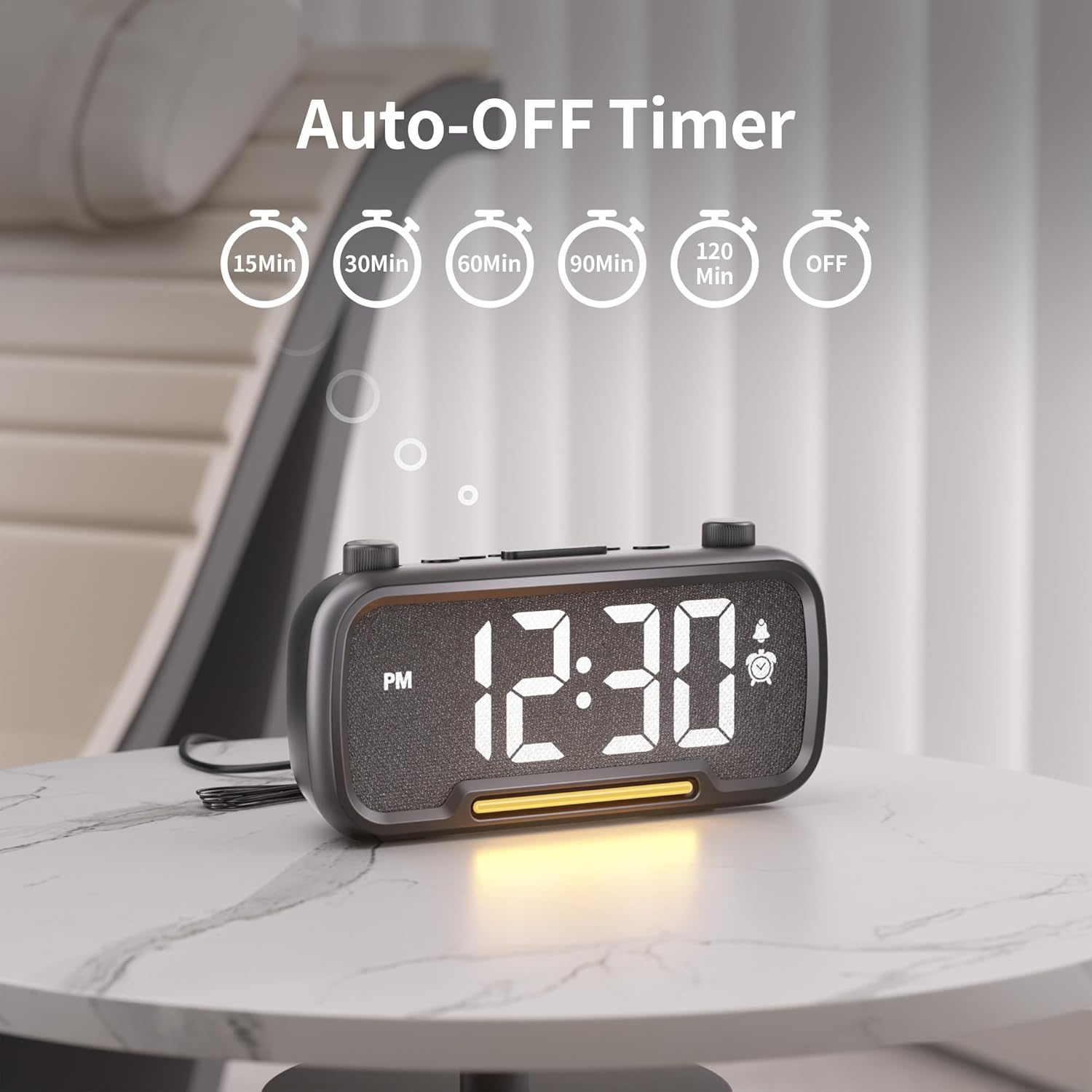 Alarm clock with timer settings ranging from 15 to 120 minutes and glowing night light