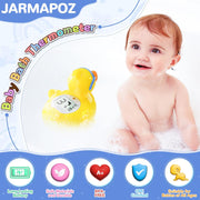 Baby enjoying bath with floating duck thermometer showing temperature