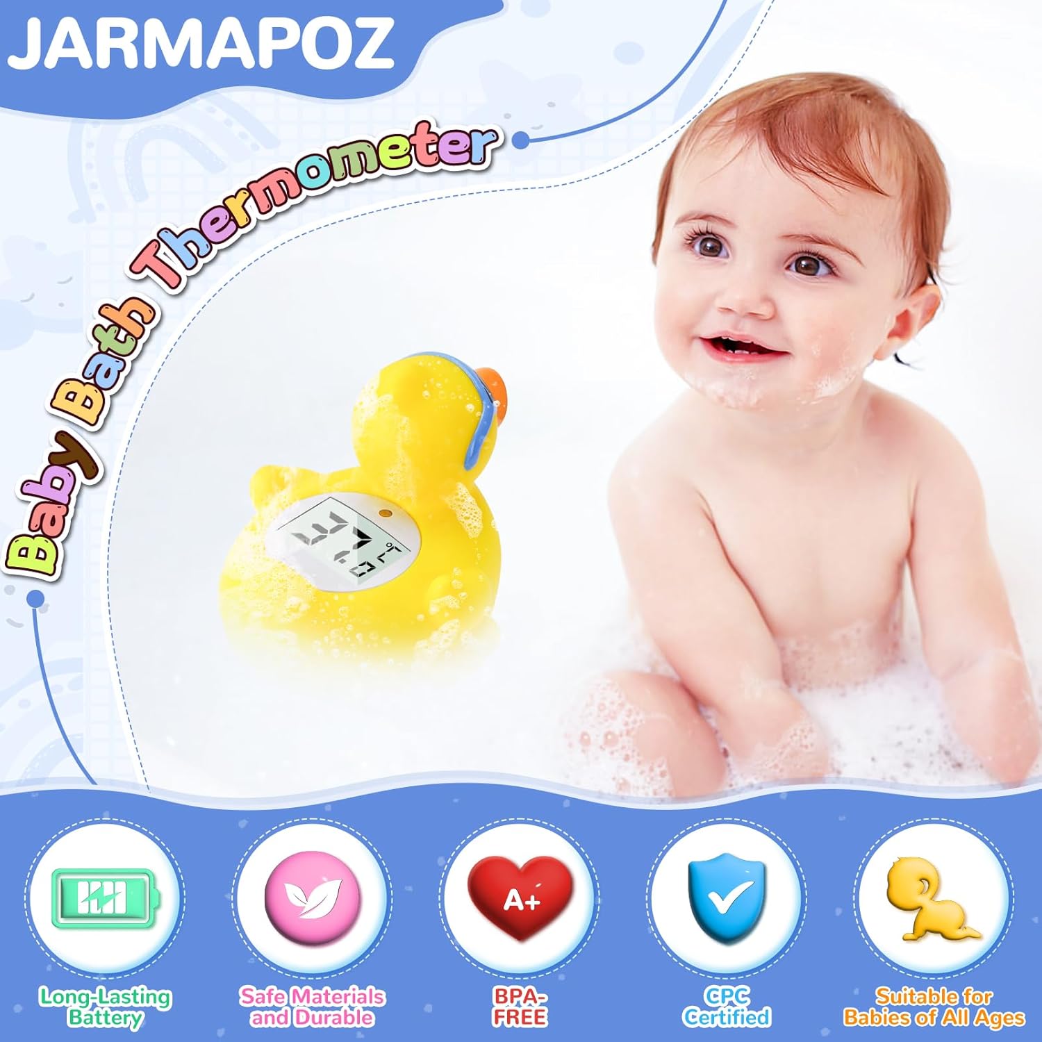 Baby enjoying bath with floating duck thermometer showing temperature