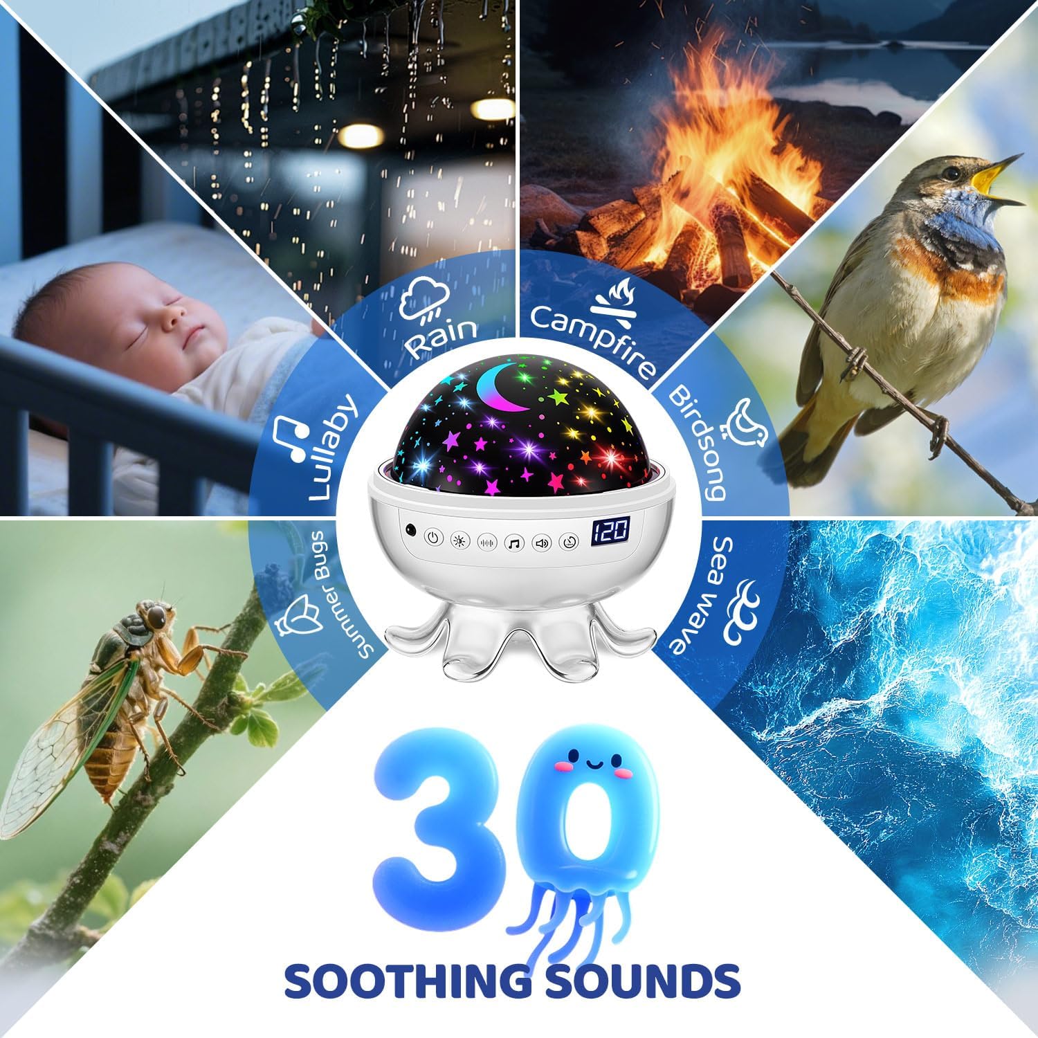 Jellyfish baby sound machine showing 30 soothing sounds including lullabies, nature sounds and white noise