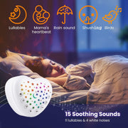 Baby sound machine with lullabies, rain, birds, heartbeat, and shushing sounds
