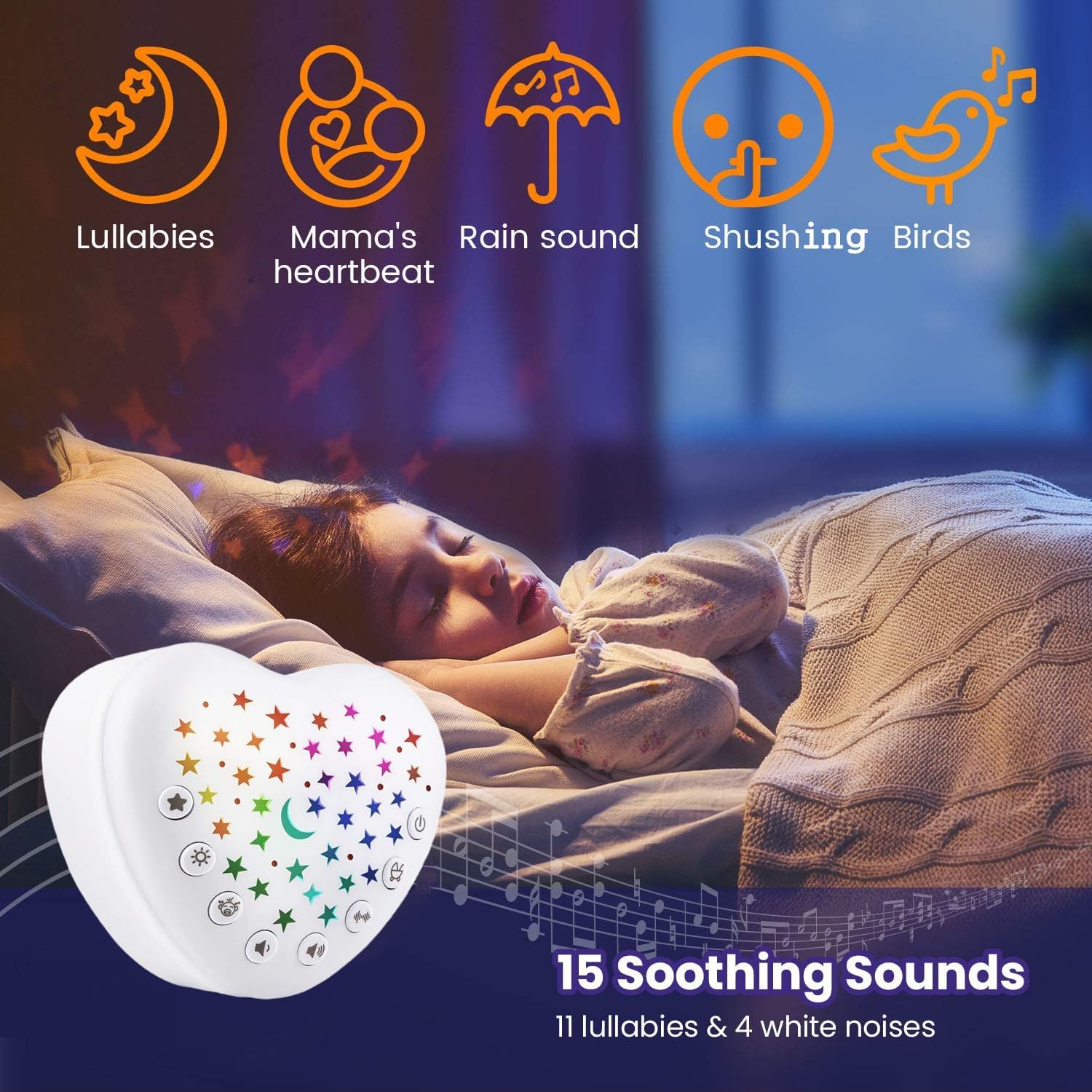 Baby sound machine with lullabies, rain, birds, heartbeat, and shushing sounds