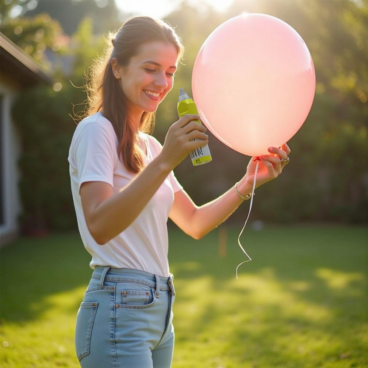 Wireless balloon pump inflating large latex balloon outdoors