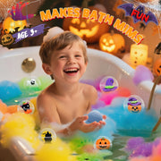 Child enjoying colorful rainbow bath with Halloween bath bombs