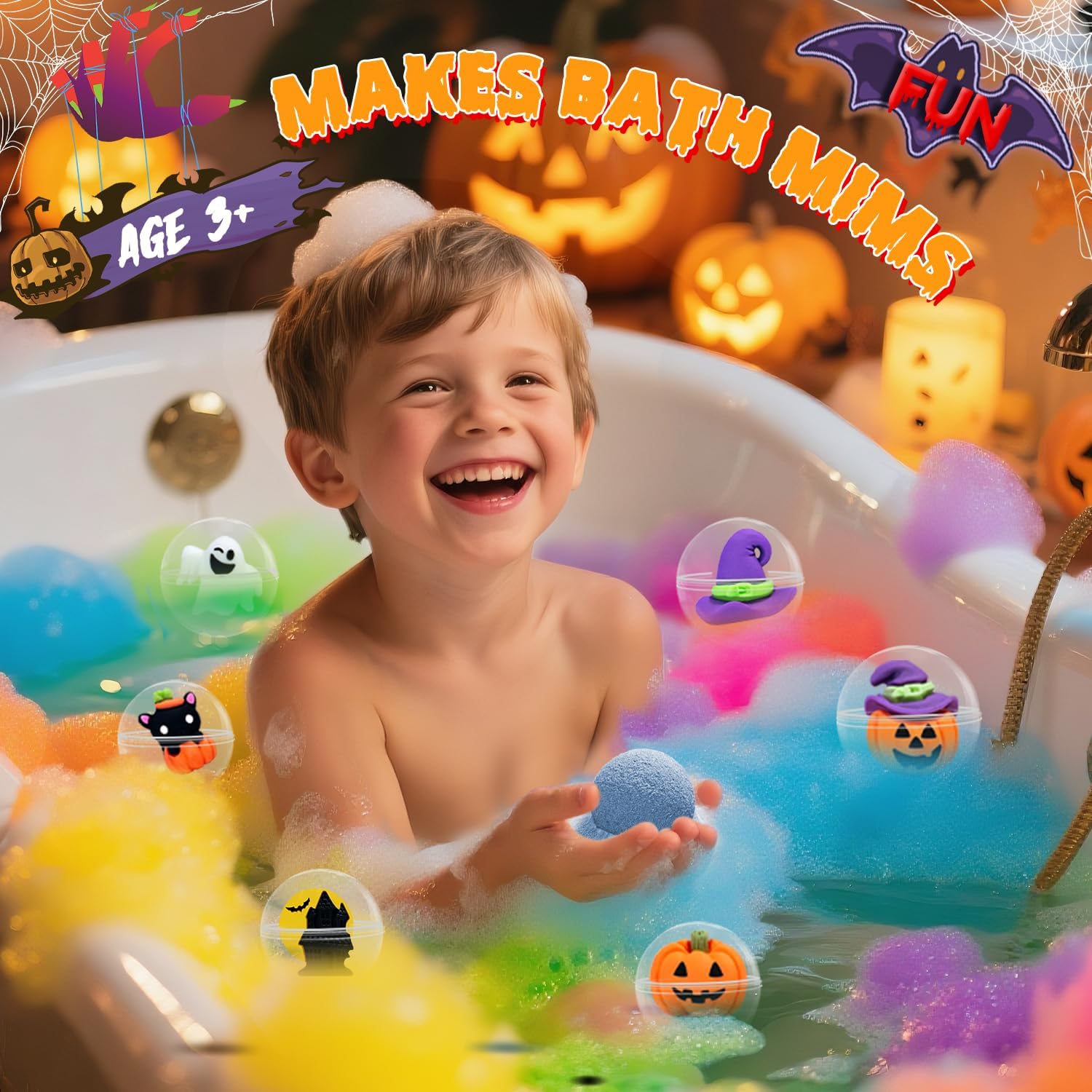 Child enjoying colorful rainbow bath with Halloween bath bombs