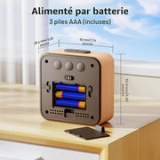 Wooden alarm clock with AAA battery compartment open