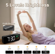 Woman waking up next to a clock with 5 brightness levels and snooze