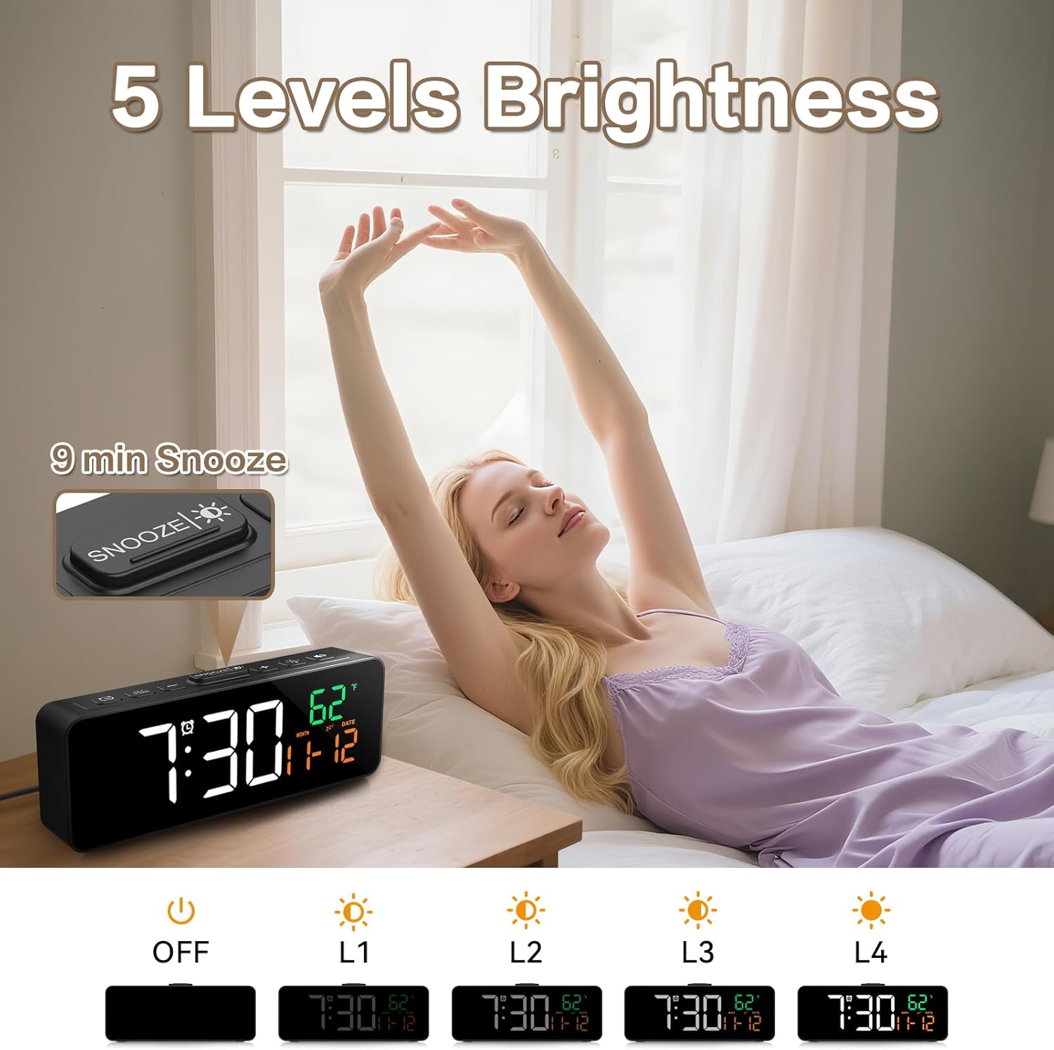 Woman waking up next to a clock with 5 brightness levels and snooze