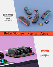 Comparison of messy vs organized gaming area with charging dock