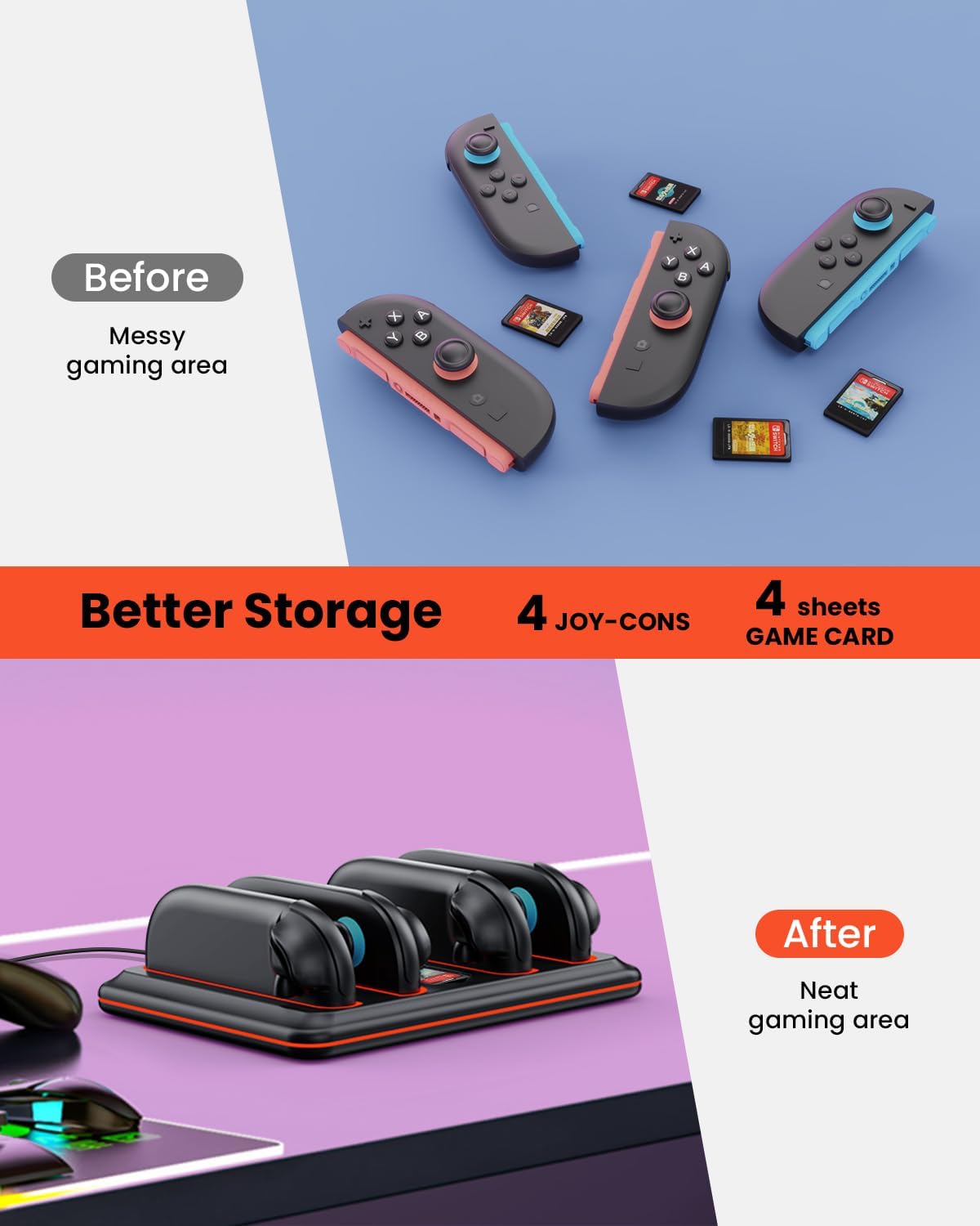 Comparison of messy vs organized gaming area with charging dock