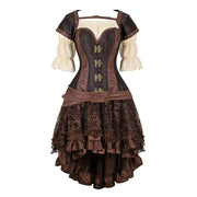Armour-style piratecore corset outfit with structured sleeves and floral lace skirt