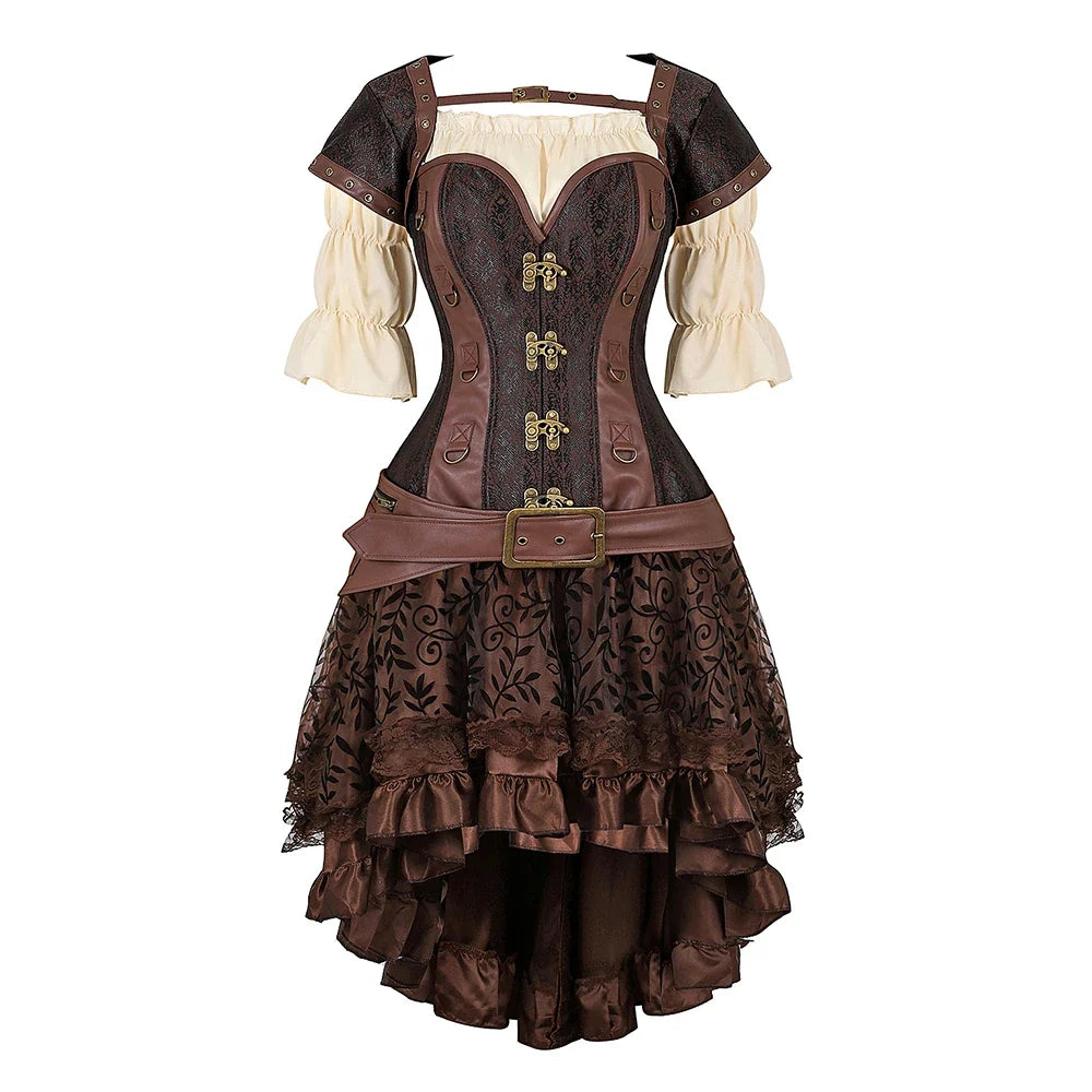 Armour-style piratecore corset outfit with structured sleeves and floral lace skirt