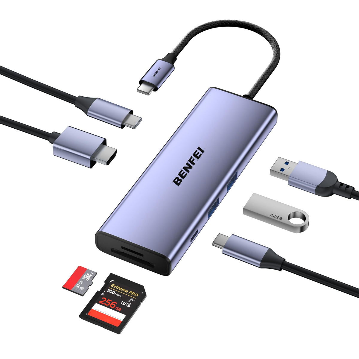 Lavender BENFEI 7-in-1 USB-C hub with braided cable and connected accessories