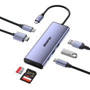 Lavender BENFEI 7-in-1 USB-C hub with braided cable and connected accessories