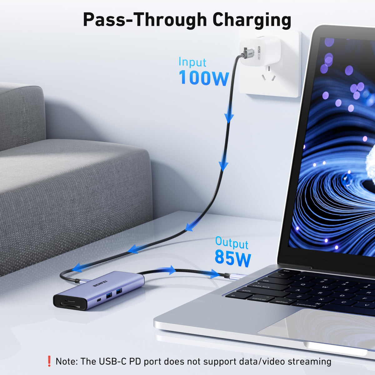 USB-C hub USB-C 100W pass-through power delivery charging