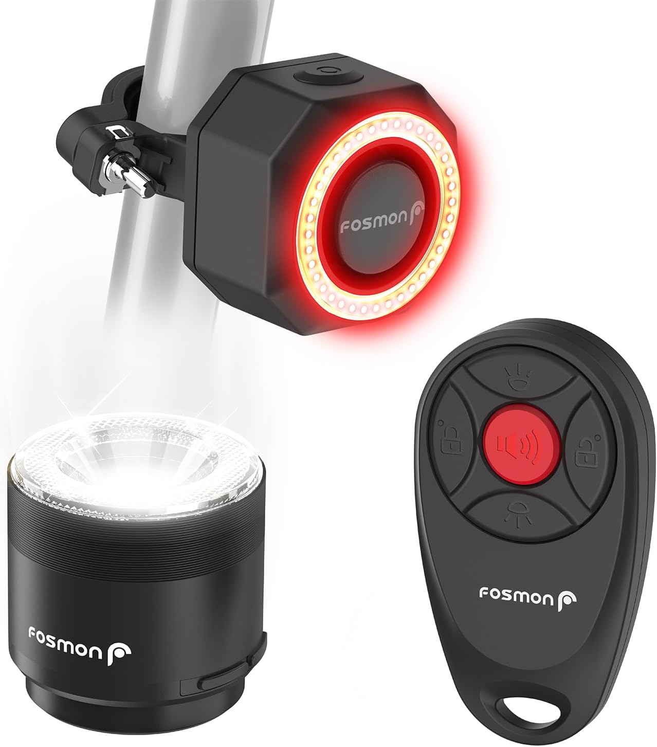 Wireless bike alarm and headlight set with remote control attached to bicycle.