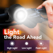 USB-C rechargeable bike headlight showing high, low, and flash light modes.