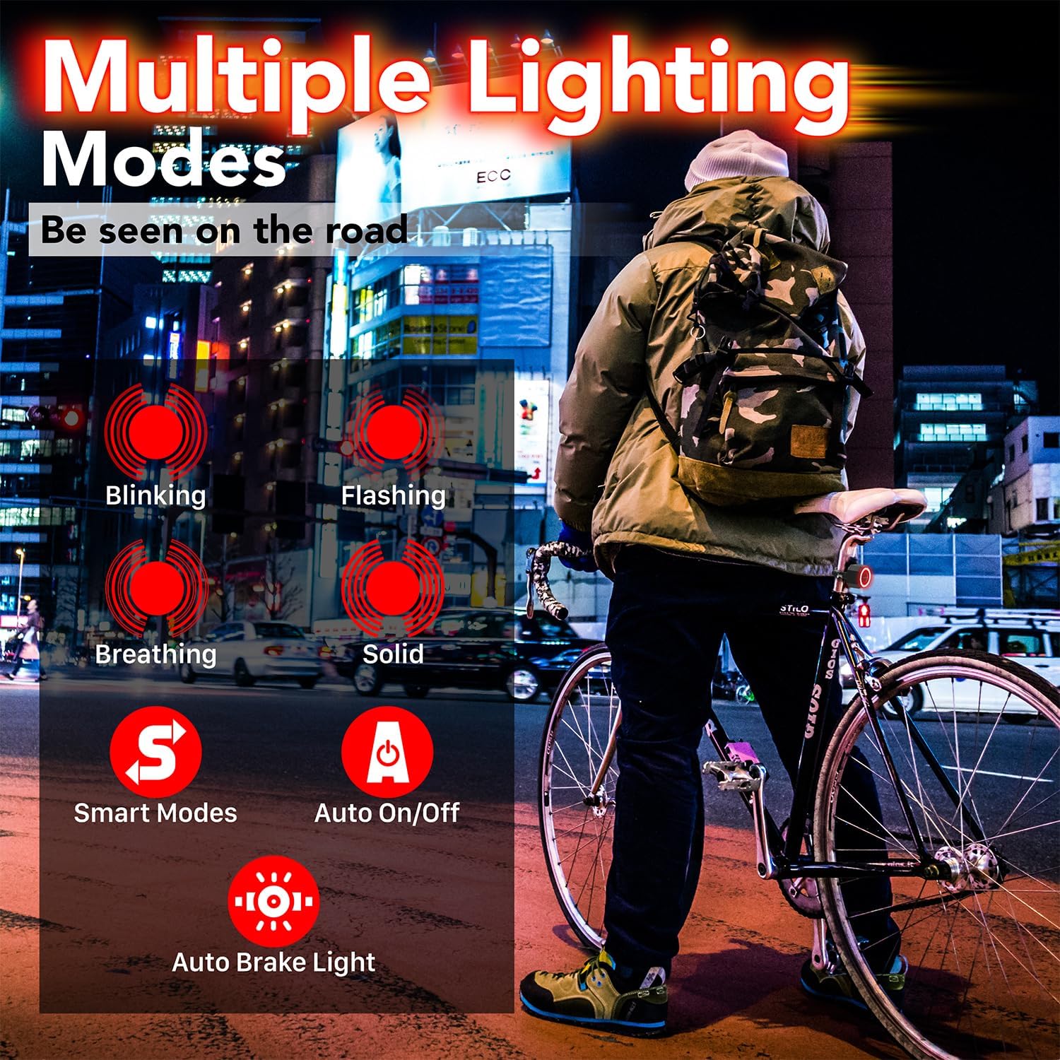 Cyclist in the city with multiple red rear light modes including blinking and smart auto-on.