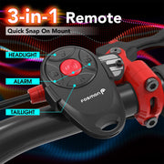 3-in-1 bike remote control mounted on handlebar with buttons for light, alarm, and horn.