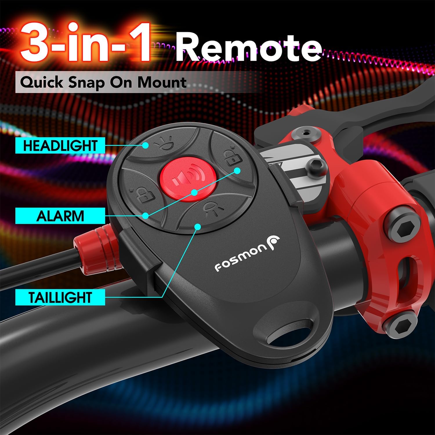 3-in-1 bike remote control mounted on handlebar with buttons for light, alarm, and horn.