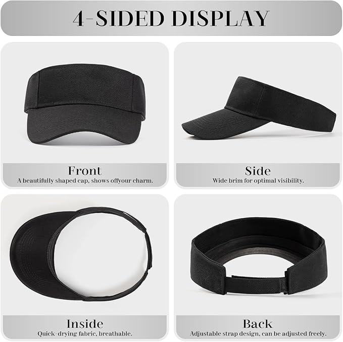Four views of black sports sun visor showing front, side, inside and back