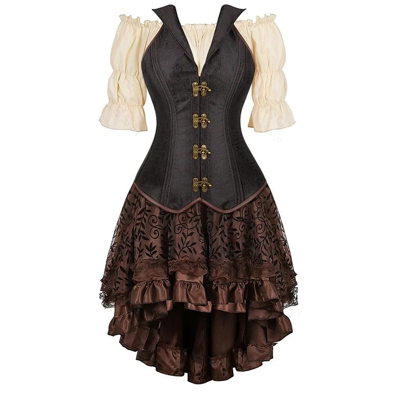 Black collared clasp corset outfit with cream blouse and layered skirt