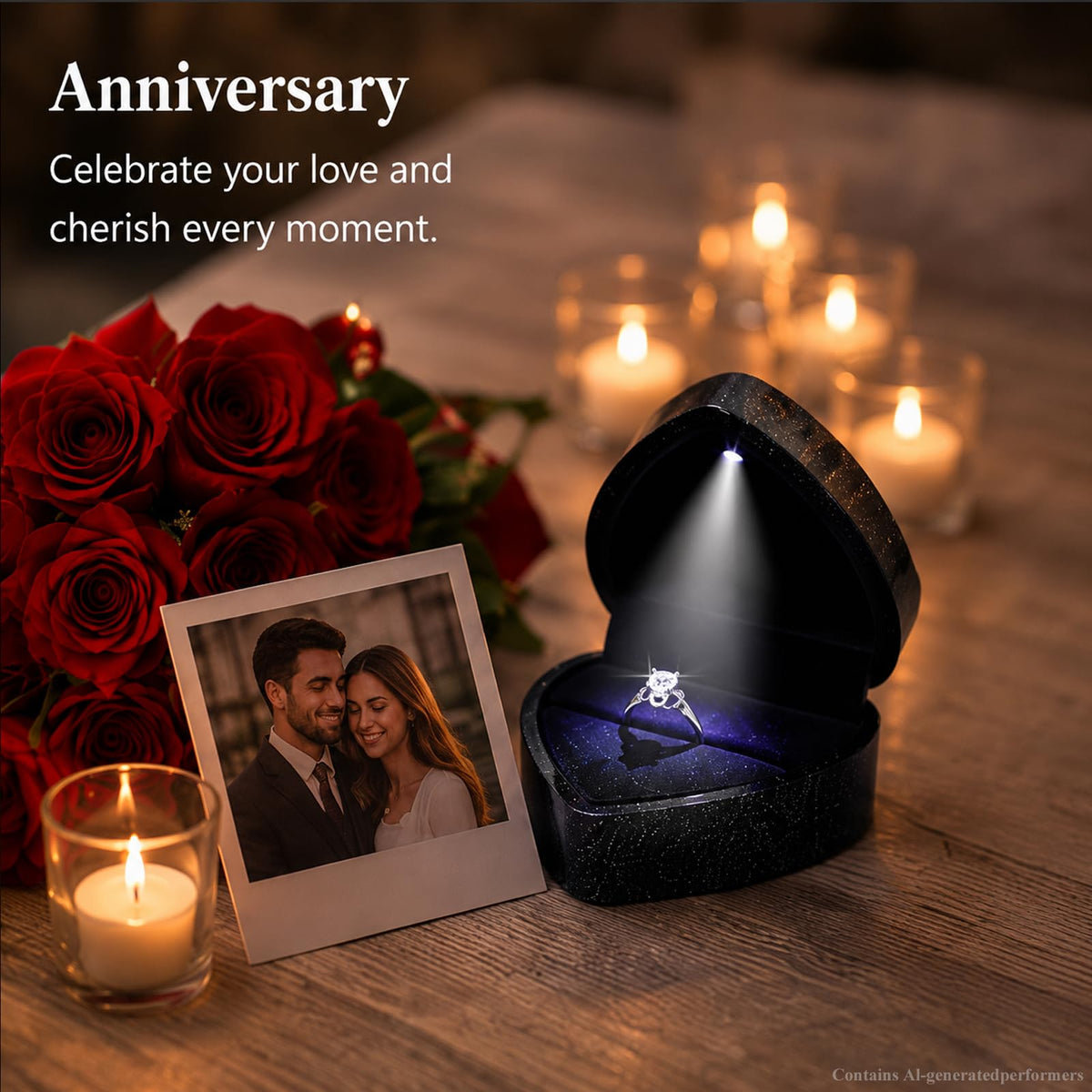 Illuminated heart-shaped jewelry ring box for anniversary presentation