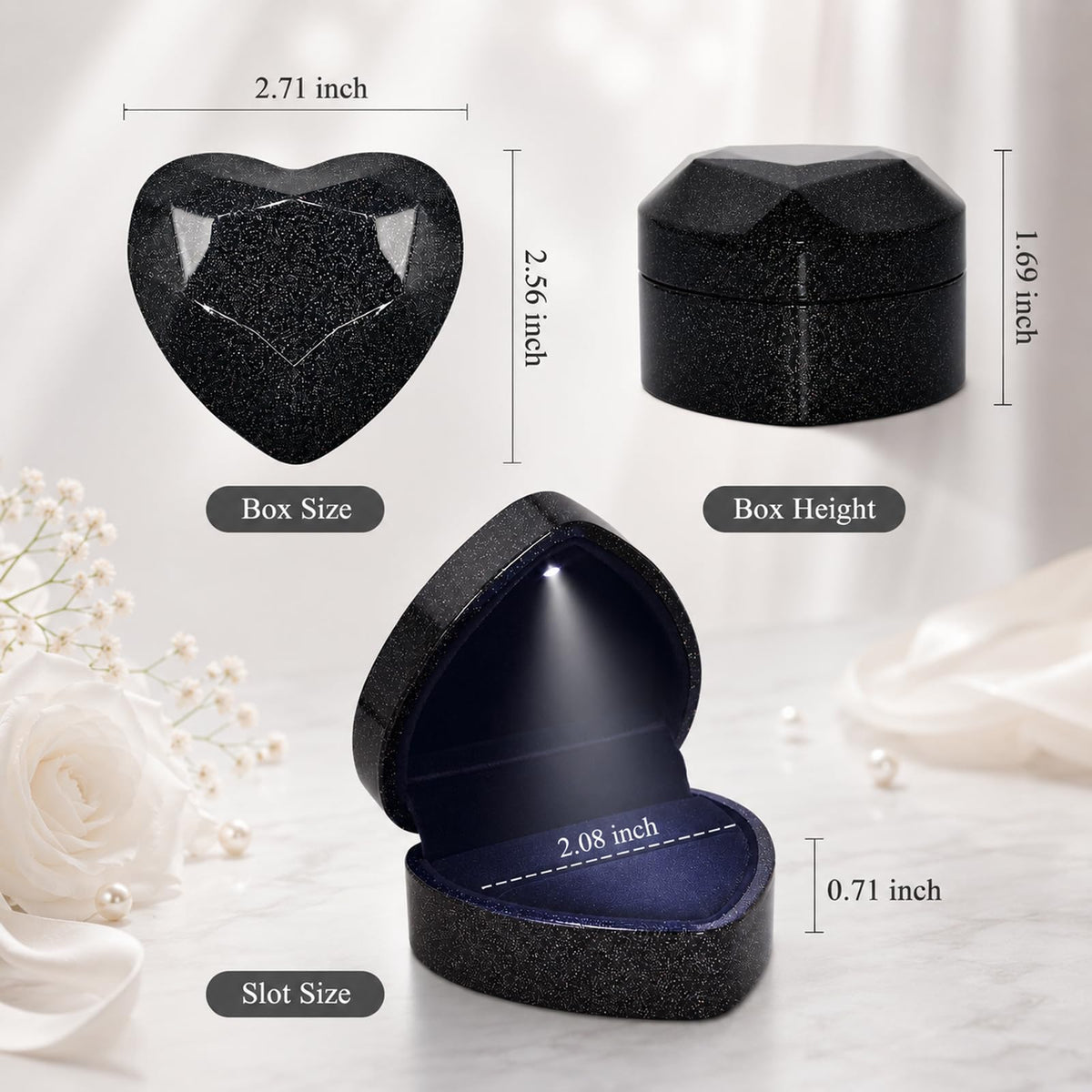 Black heart-shaped ring box dimensions and ring slot measurements
