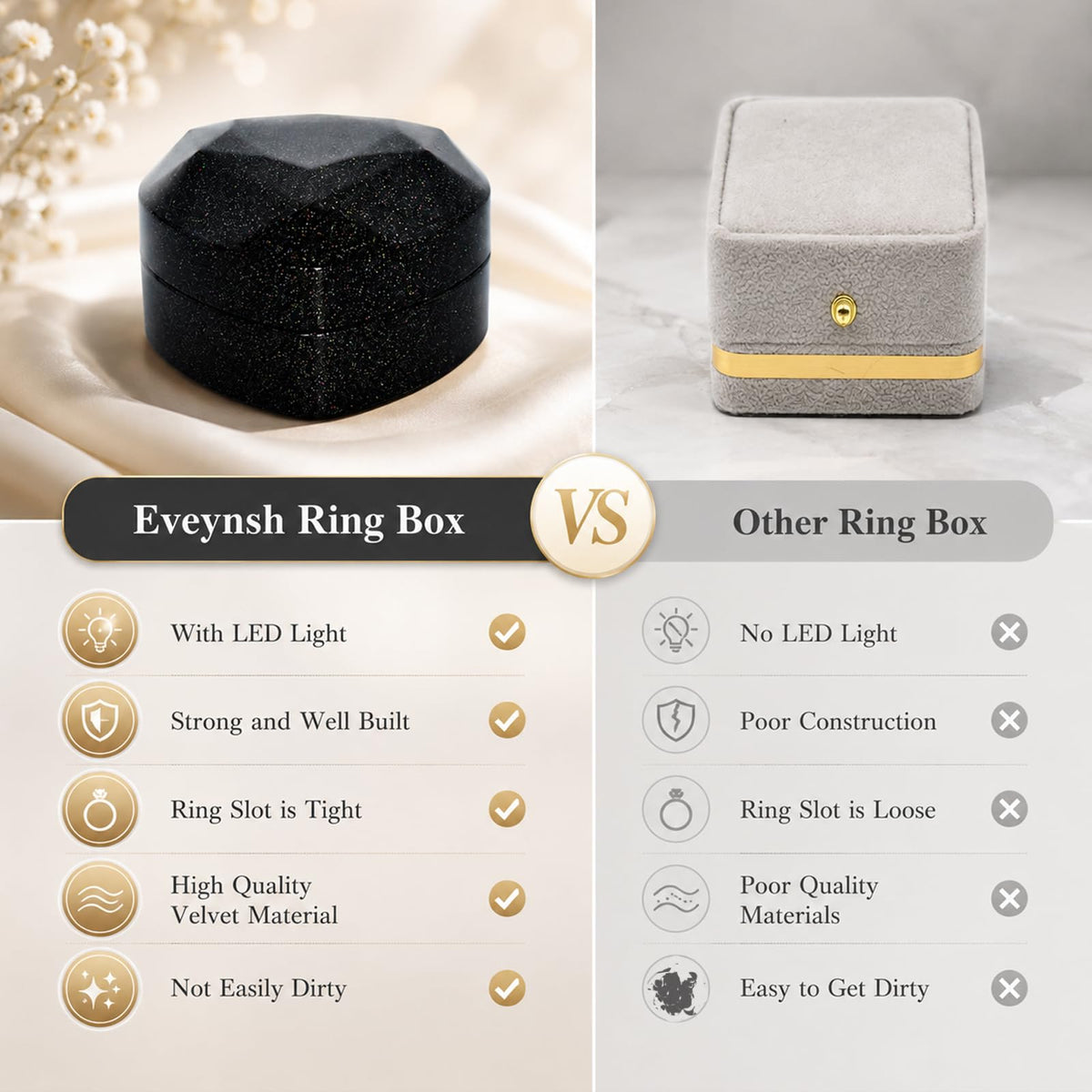 Black glitter LED heart ring box alongside a comparison jewelry box
