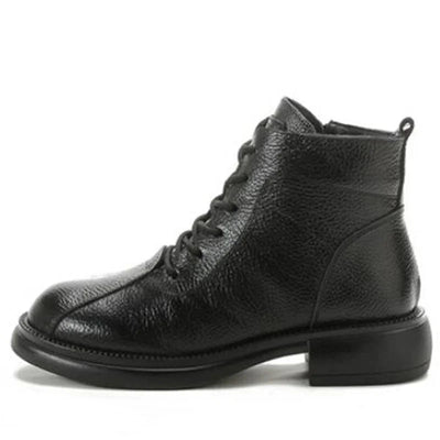 Bottines d'automne en cuir véritable pour femme – Chaussures d'hiver rétro à lacets et à talon bas en cuir de vache avec doublure en fourrure