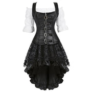 Black overbust corset outfit with buckle front and white blouse