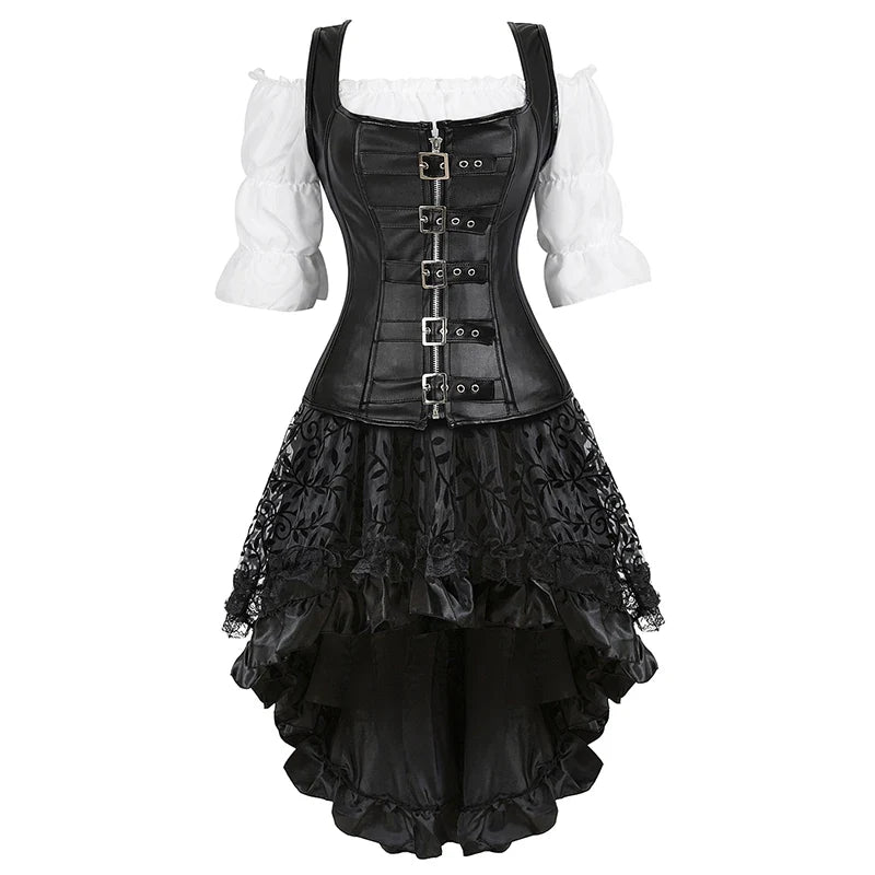 Black overbust corset outfit with buckle front and white blouse
