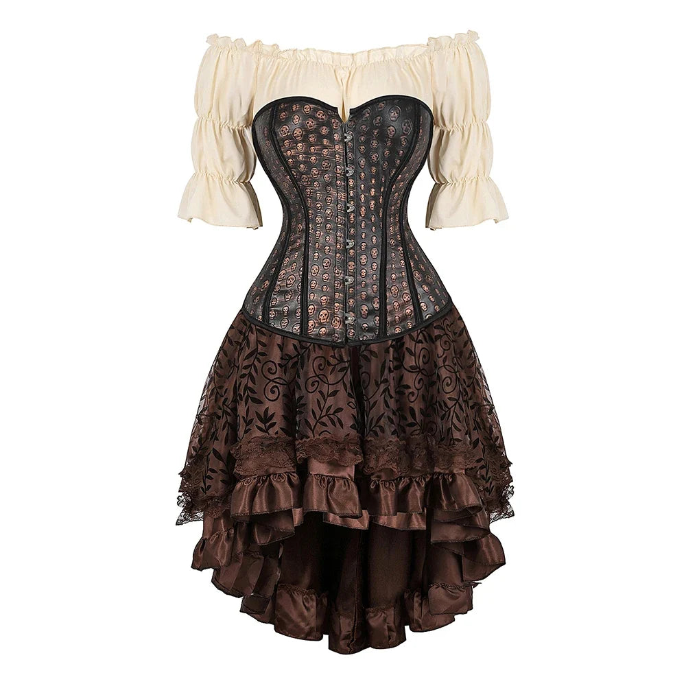 Bronze stud patterned corset outfit with cream blouse and layered brown lace skirt