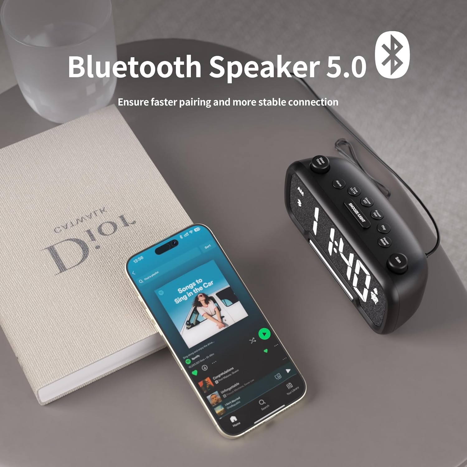 Bluetooth 5.0 alarm clock paired with smartphone streaming music