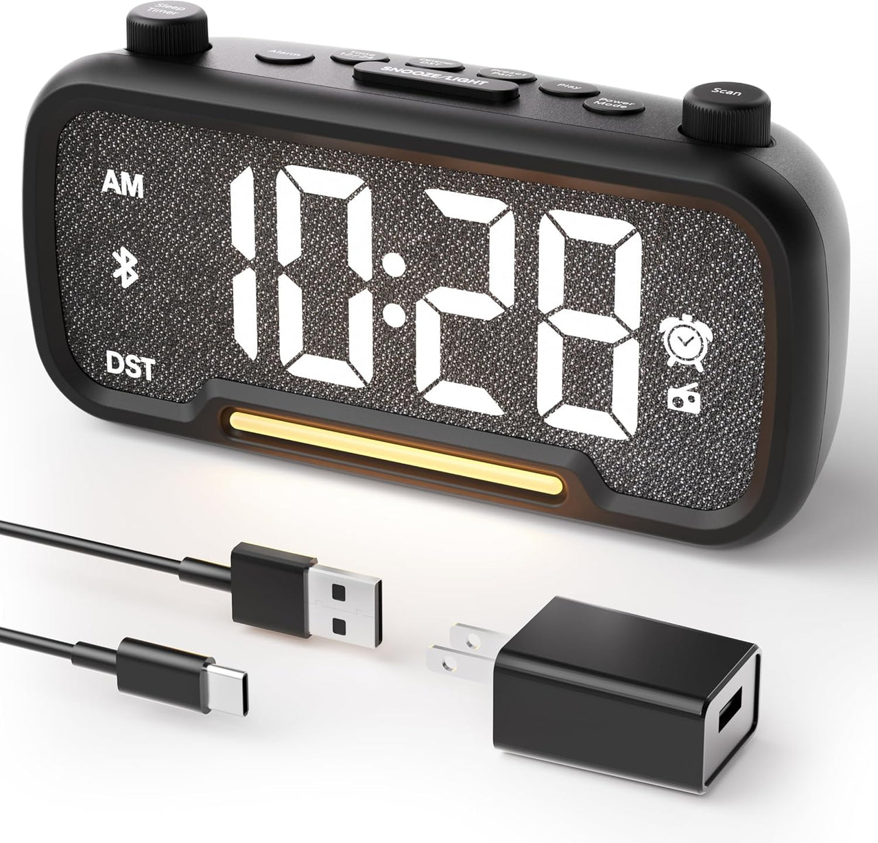 Modern 5-in-1 Bluetooth alarm clock radio with USB ports and night light