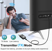 Man watching TV using Bluetooth Transmitter with Low Latency