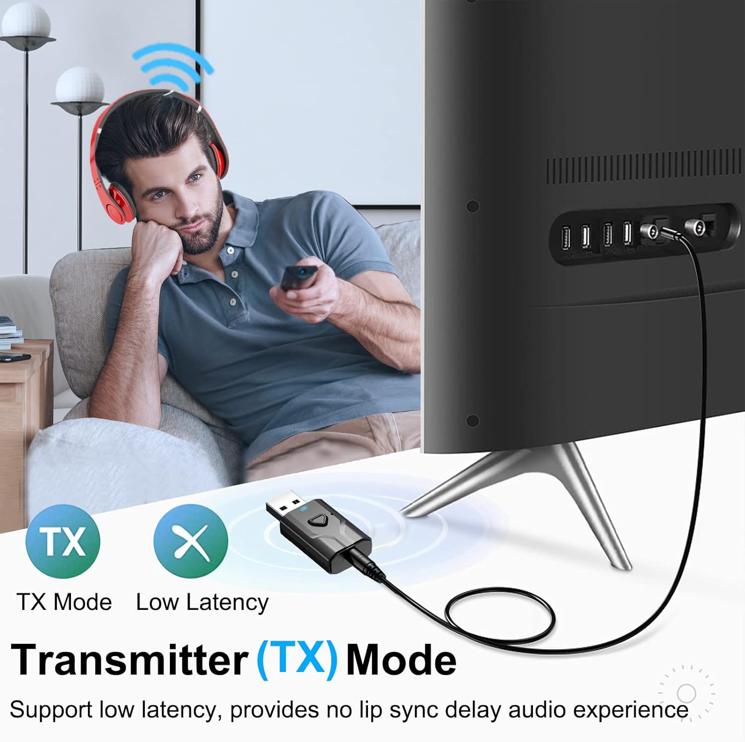 Man watching TV using Bluetooth Transmitter with Low Latency