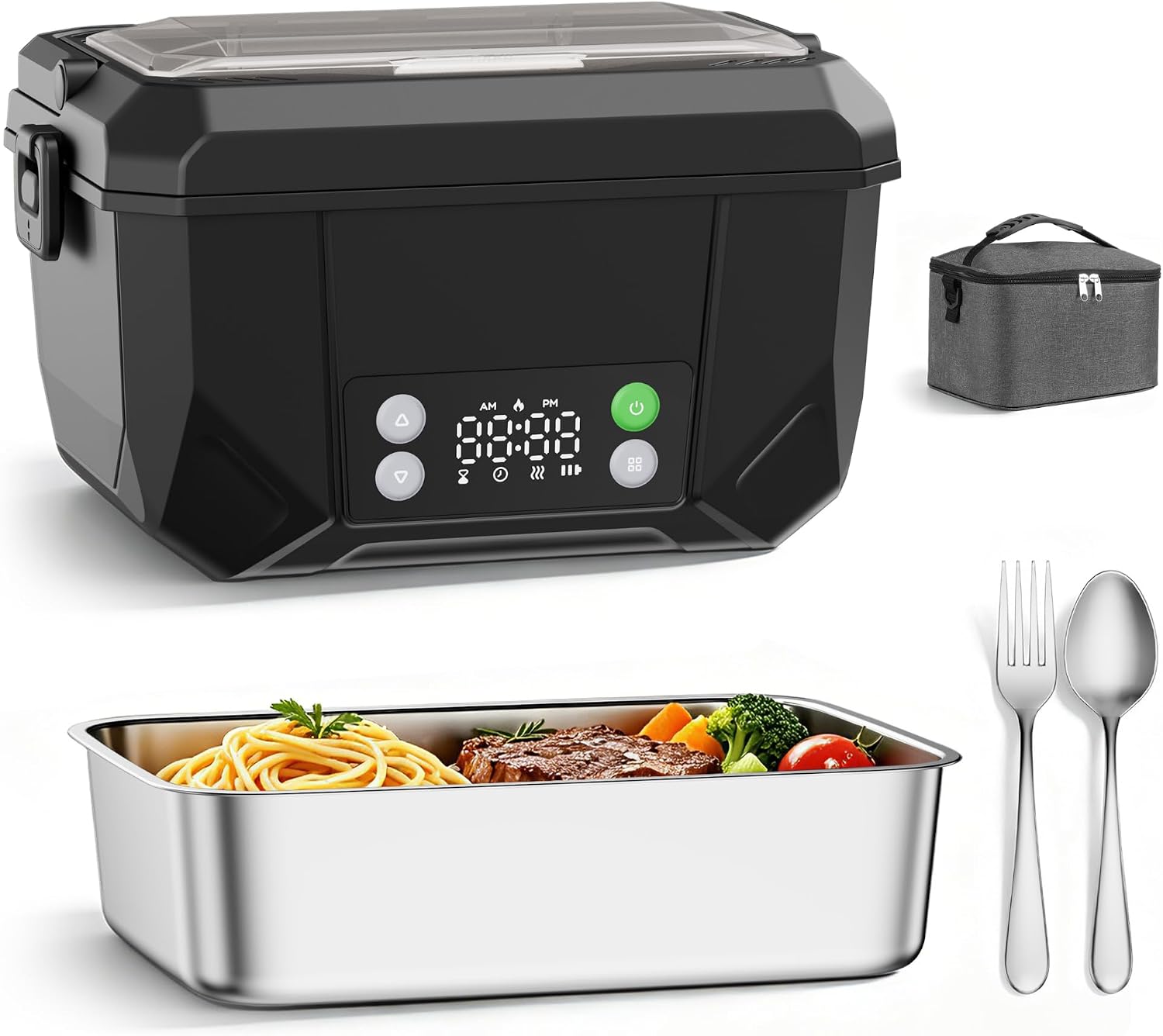 Cordless heated lunch box 1.3L with 24000mAh battery, 100W heating, insulated bag and stainless steel container