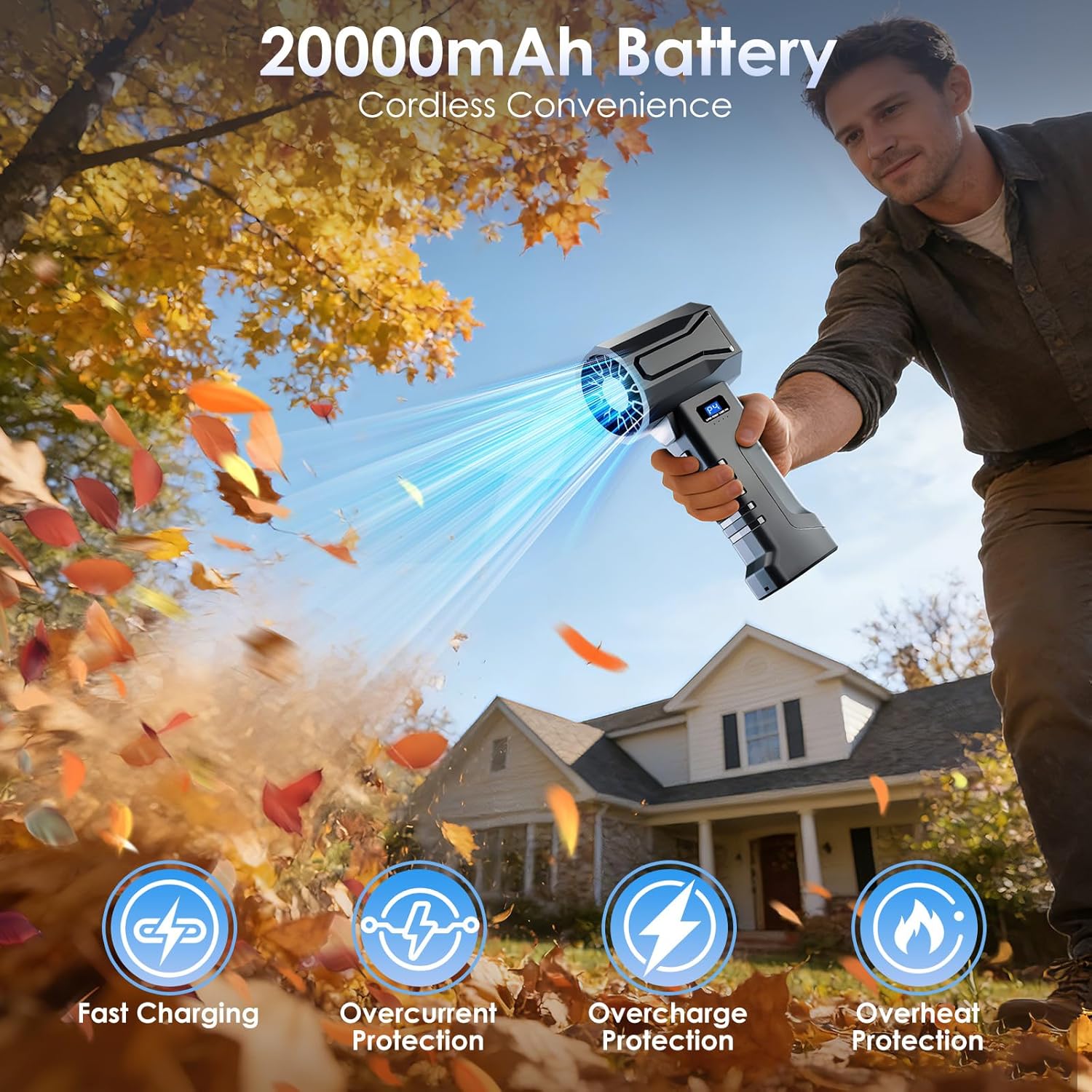 Cordless leaf blower with 20000mAh battery and fast charging technology