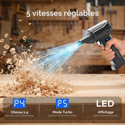 Cordless leaf blower featuring 5 adjustable speeds and turbo cleaning mode