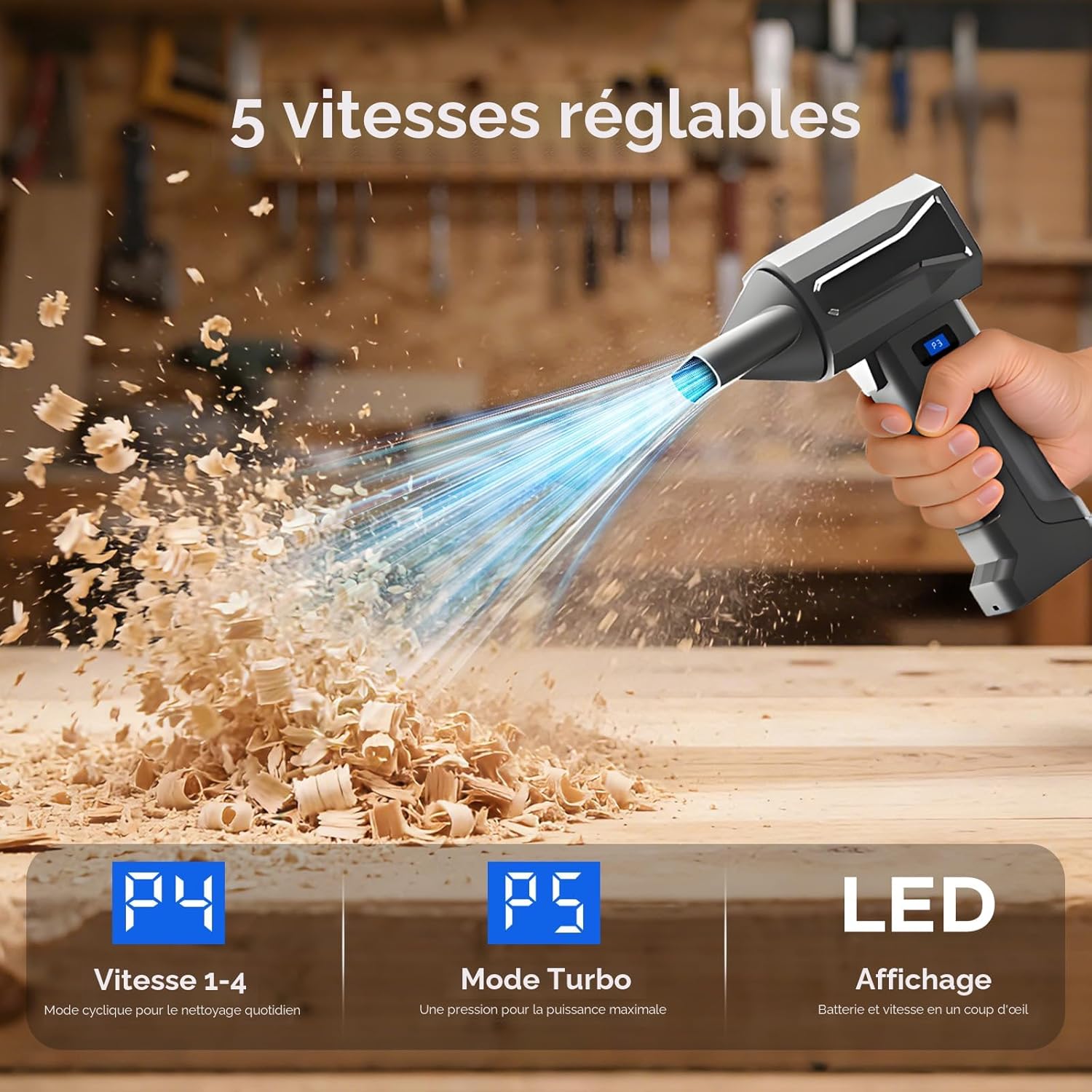 Cordless leaf blower featuring 5 adjustable speeds and turbo cleaning mode