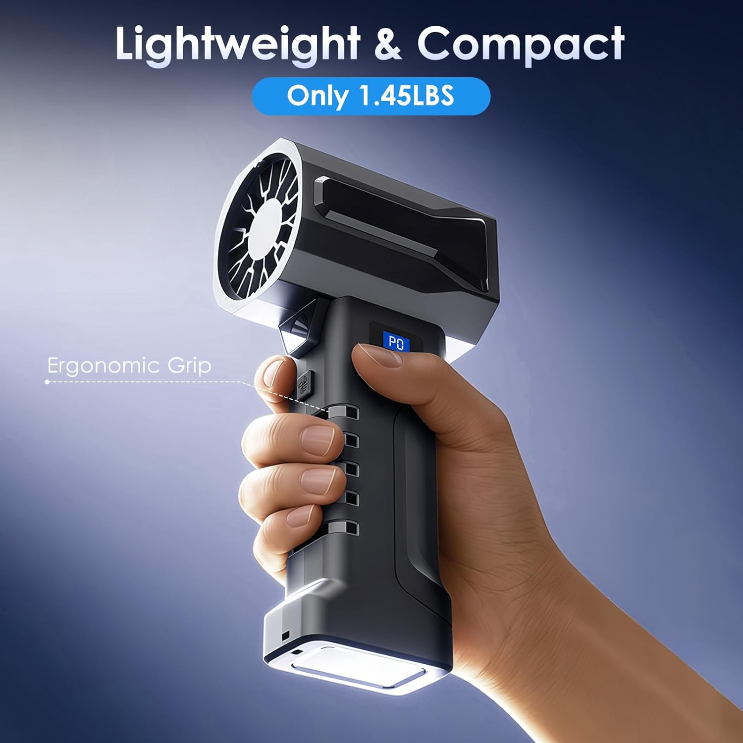 Lightweight ergonomic handheld leaf blower with LED display