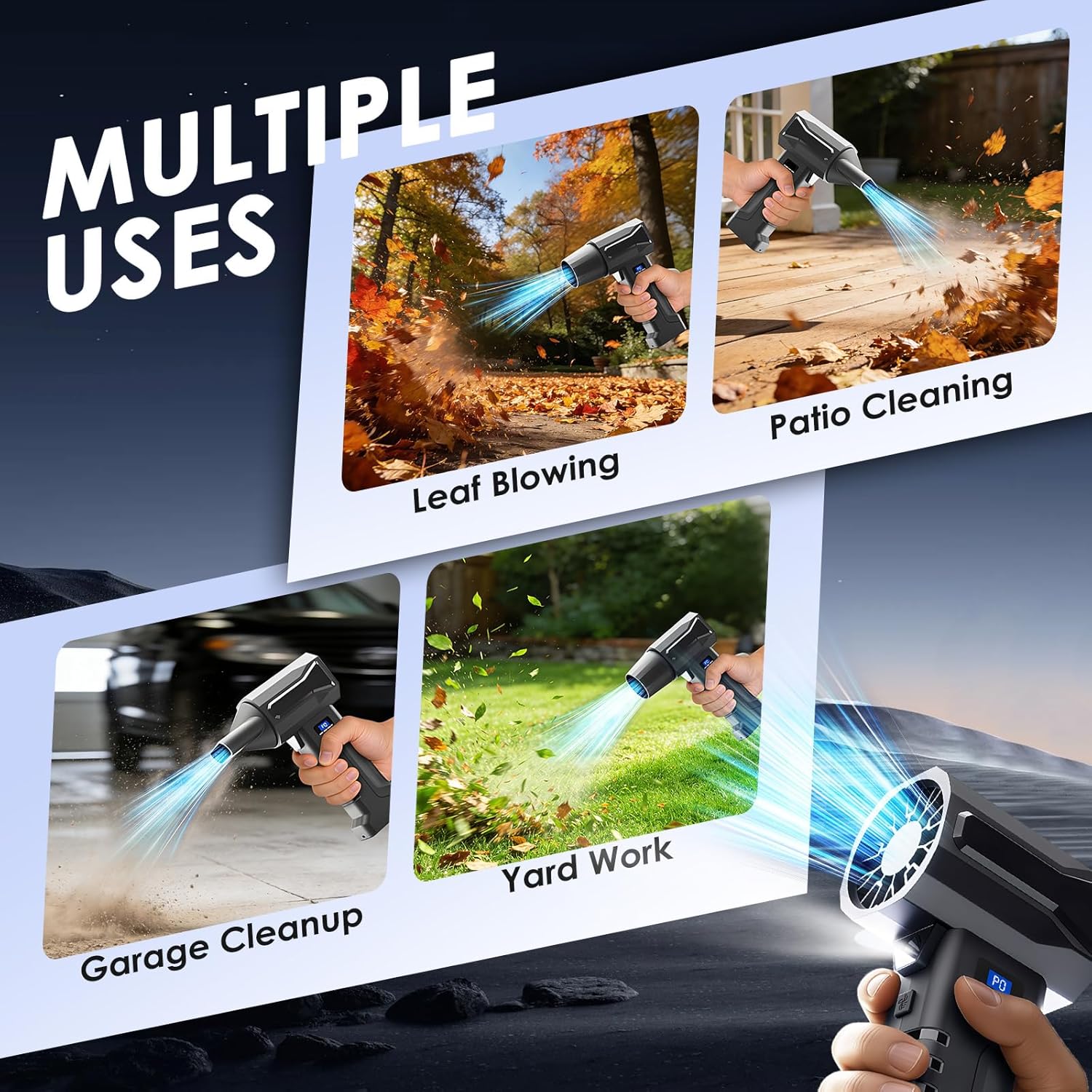 Multi purpose cordless blower for yard patio garage and outdoor maintenance