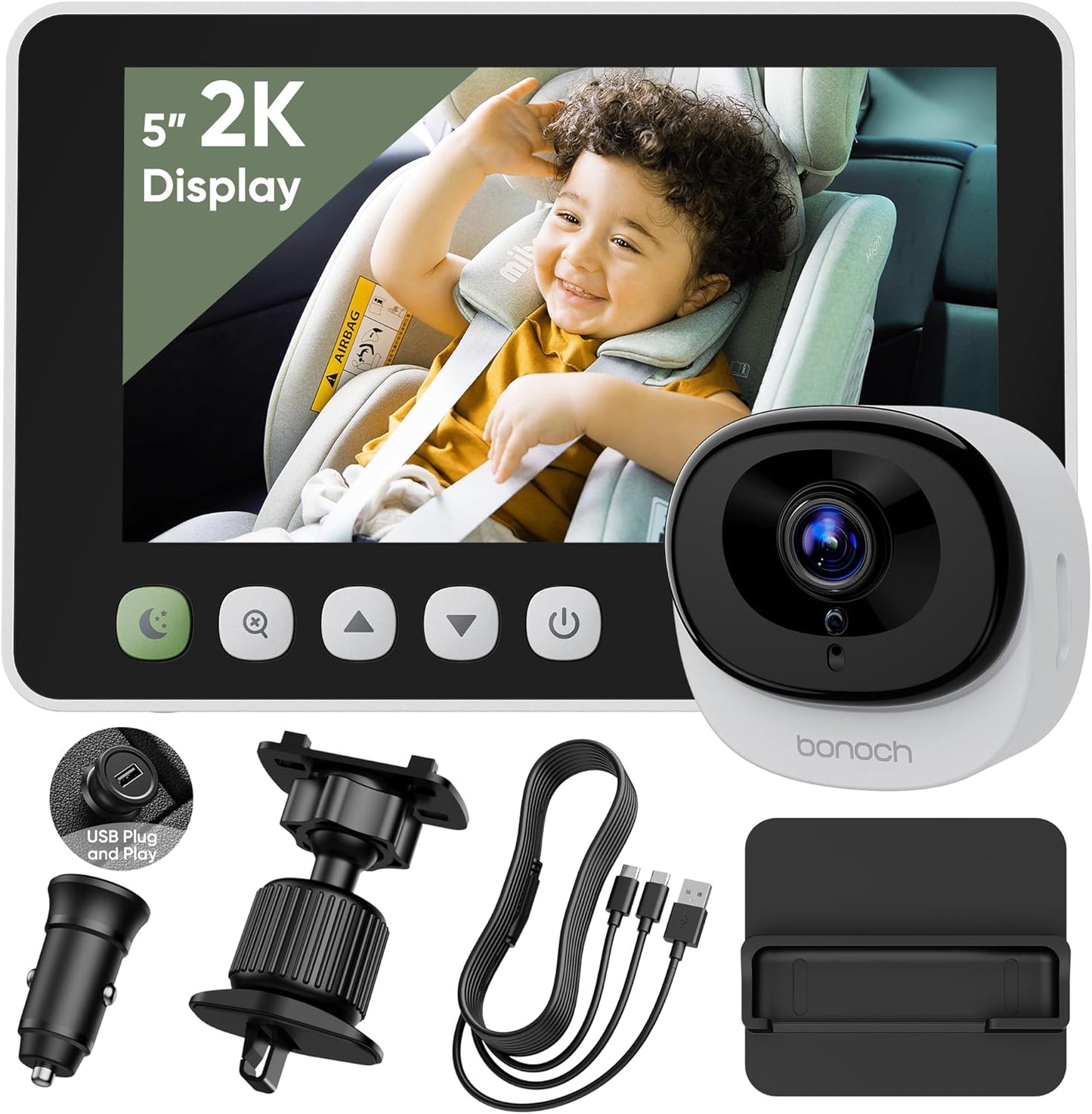 bonoch baby car camera with a 5-inch 2K display showing a smiling child in a car seat, alongside accessories like a USB plug and mounting hardware.