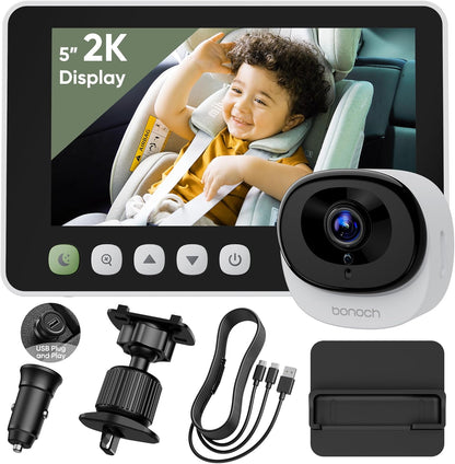 bonoch baby car camera with a 5-inch 2K display showing a smiling child in a car seat, alongside accessories like a USB plug and mounting hardware.