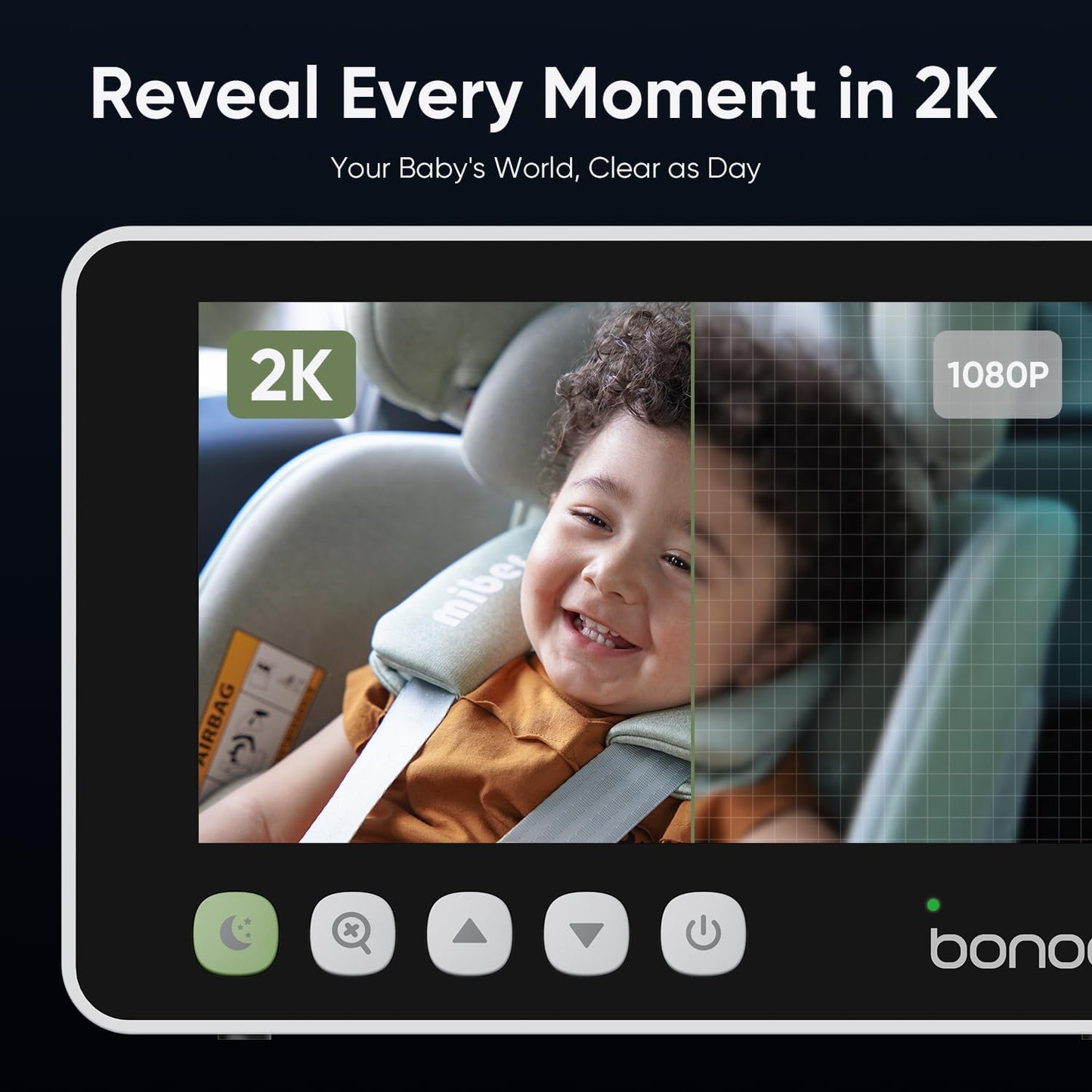 bonoch baby monitor displaying a split-screen comparison between 2K and 1080p resolutions with a smiling child visible.